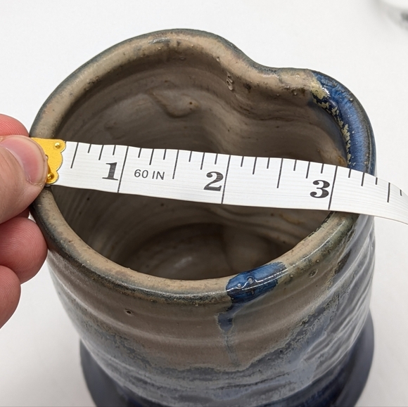 Handmade Tan Blue Glazed Earthenware Ceramic Abstract Mug Vase - Picture 10 of 11